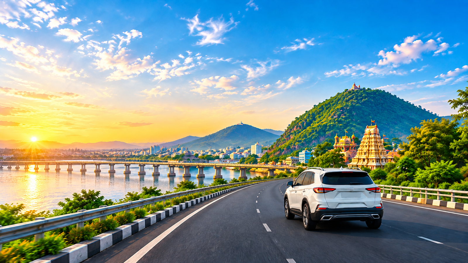 Bezawada Car Rentals fleet and Prakasam Barrage Vijayawada